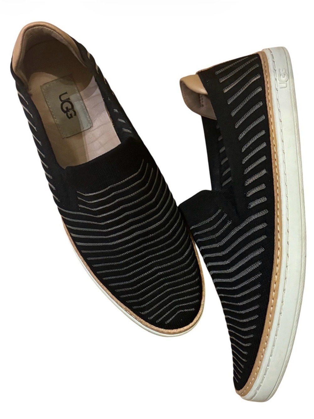 UGG Sz 8 Black Metallic Knit Striped Slip-On Sneakers Leather Trim Shoes Nice! - Picture 3 of 9